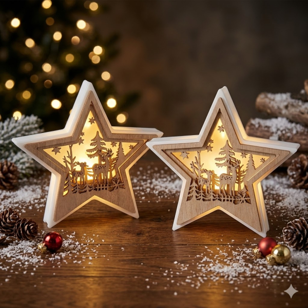 Winterliches 2er Set LED Sterne - Höhe ca. 14 cm